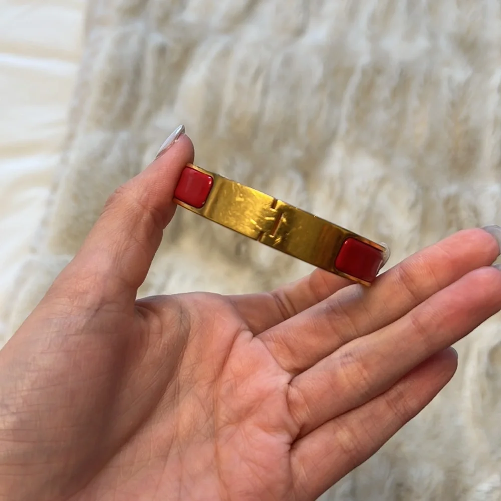 Hermes red enamel & gold H bangle bracelet set with green cord bracelet